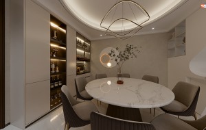 餐厅，餐厨空间呈开放式的结构，从视觉上放大空间，整体设计与客厅遥相呼应，色彩一致。