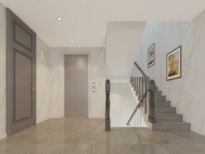 手扶梯与家庭电梯是挨着的，可以根据实际情况选择，手扶梯装饰了挂画，为这个平淡的空间增加了美观度。