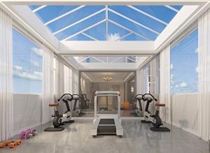 健身阳光房，这种半开放式的设计，增加了空间的视觉效果，使整个空间增大好几倍。