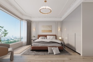 主卧，床头墙以PUA线条+挂画为背景墙，布置上红棕色的床，铺上灰白配的床单，带来一种简洁优雅而舒适