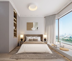 次卧是客房，以淡灰色的床头墙，布置上实木床、铺设米白色床单，有个小飘窗，可以遥望珠江风景。