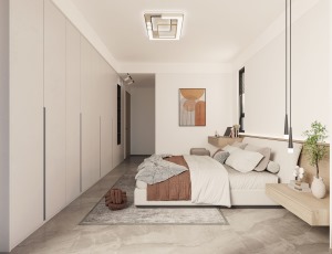 床尾一整面的到顶衣柜，让卧室的储物空间发挥到最大化，生活也会更加便利。