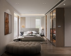 套房式主卧延续客厅的整体色调，丝绒质感的浅灰色床品带着柔软的曲线