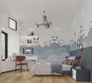 儿童房的风格延续了主卧与次卧的整体风格，儿童房的床头墙是一面蓝色百叶拼出的设计。