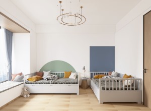 儿童房，双床的配置。整体以白色为空间主调，大面积的落地窗引入自然光照