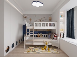 由于空间有限，儿童房采用的是上下床设计，这样节省了不少的空间