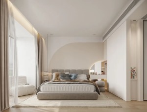 设计师将阳台与卧室空间打通，使得空间更加舒展，架构分明，实木定制隐藏式柜体搭配延展而出的梳妆台设计