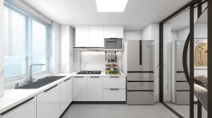 厨房做的是L形橱柜布局，将备菜至炒菜的动线规划得清晰明了，厨房以白色橱柜门板，搭配黑色的电器