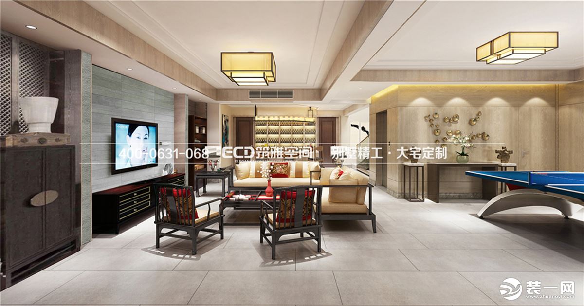 1000平别墅新中式风格客餐厅装修效果图