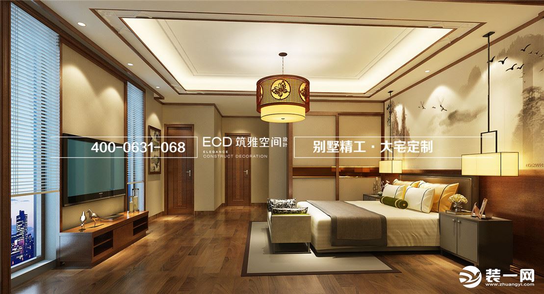 600平别墅新中式风格卧室装修效果图