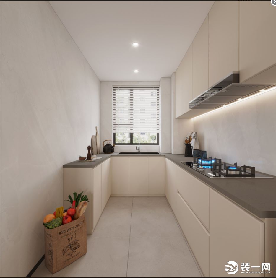 厨房做U型布局设计，地面以白色瓷砖做搭配，更显空间明亮，以黑色瓷砖做台面搭配白色橱柜，整体空间的简洁
