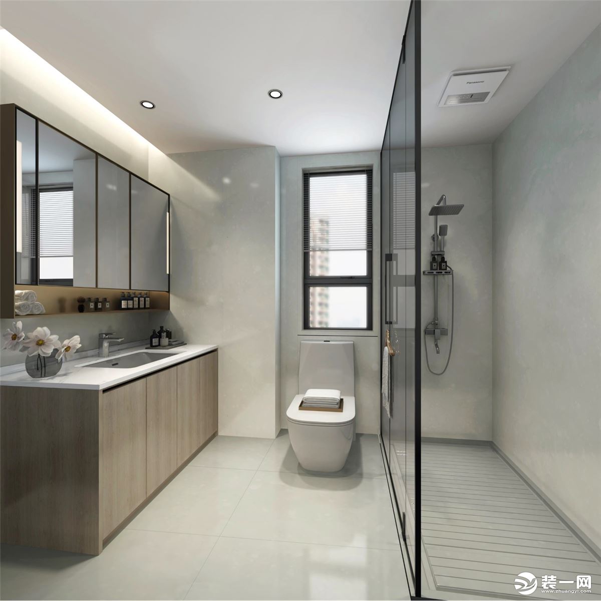 卫生间以纯色做空间设计，地面与墙面选用米色瓷砖做铺贴，美观时尚的同时防水性也更强。进门靠近墙角处做洗