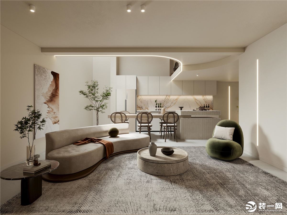 客厅以米白色做全空间设计，无主灯做顶面，利用线条与打灯将空间呈现出温柔的气质感。以浅灰色沙发做搭配，