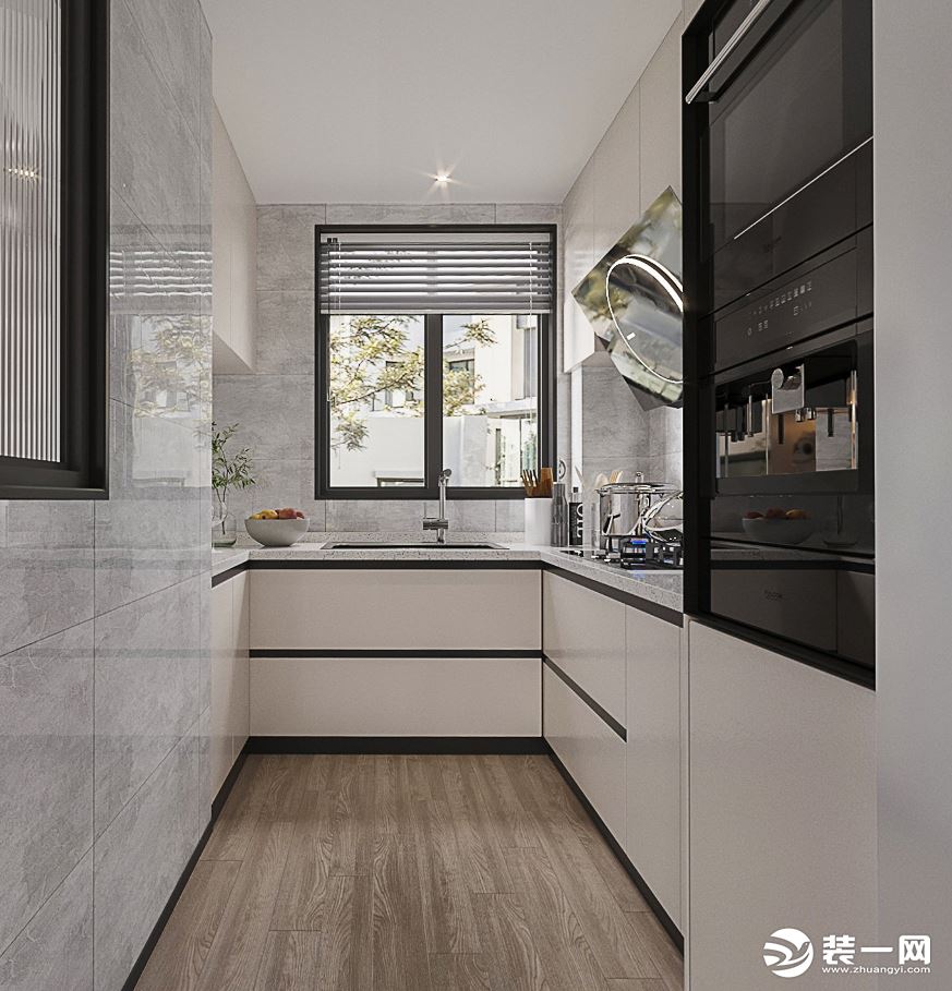 厨房做U型布局设计，木制地面凸显空间温馨，灰色花纹大理石做墙面，则更加的时尚。白色花点的瓷砖做台面搭