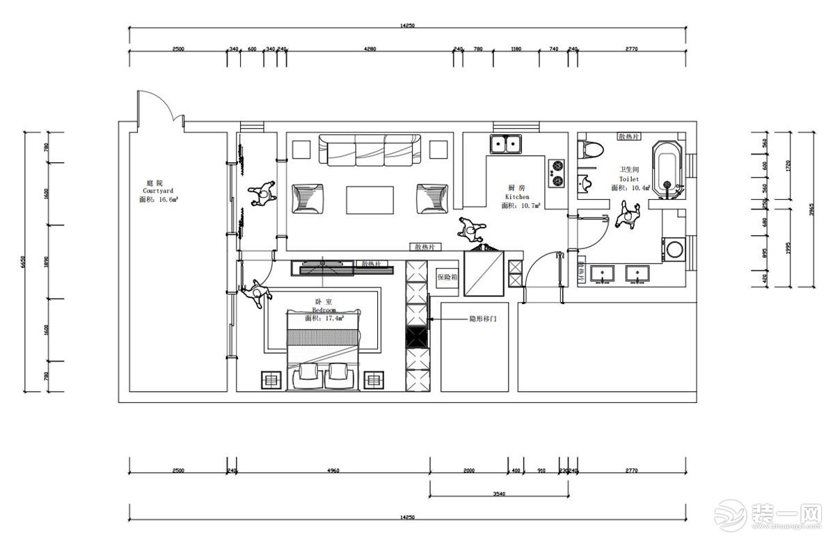 户型图整体是呈长方形布局，内部空间相对来说也比较简单，保留两个卧室留出开放式厨房，便于业主使用。