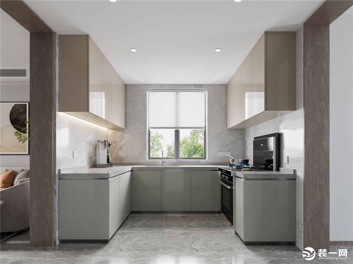 厨房做开放式设计，灰色瓷砖通铺更显空间通透，墙面也选用灰色大理石，简洁大气。屋顶朝下悬挂米色橱柜，操