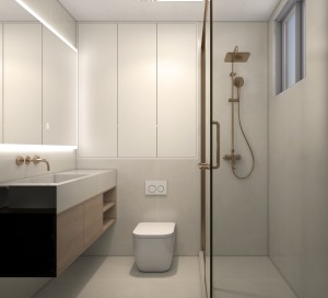卫生间以白色做主要设计基调，瓷砖与大理石二者相结合，让空间更加的美观大气与简洁，同时防水性也极佳，靠
