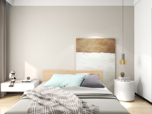 主卧木制地面更加温馨，墙面以白色为主要设计，简洁感十足，选用木制床体搭配灰色床体，舒适感扑面而来，床