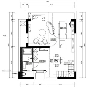 復式樓設計，戶型圖不是很完整，設計師在墻角處做L型樓梯，節省空間又美觀，客廳做大通面設計，與餐廳結合