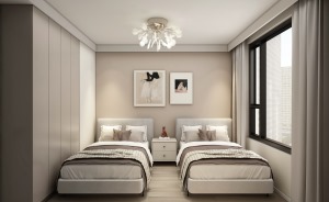 老人房做双床设计，木制地面舒适又比较柔和。浅灰色床体分别放置与空间两侧，中间增加白色台灯柜，便于老人