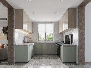 厨房做开放式设计，灰色瓷砖通铺更显空间通透，墙面也选用灰色大理石，简洁大气。屋顶朝下悬挂米色橱柜，操