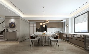 厨房和餐厅的设计十分舒适，整体用胡桃木皮强调东方的感觉，厨房的吊顶也使用5k木顶。