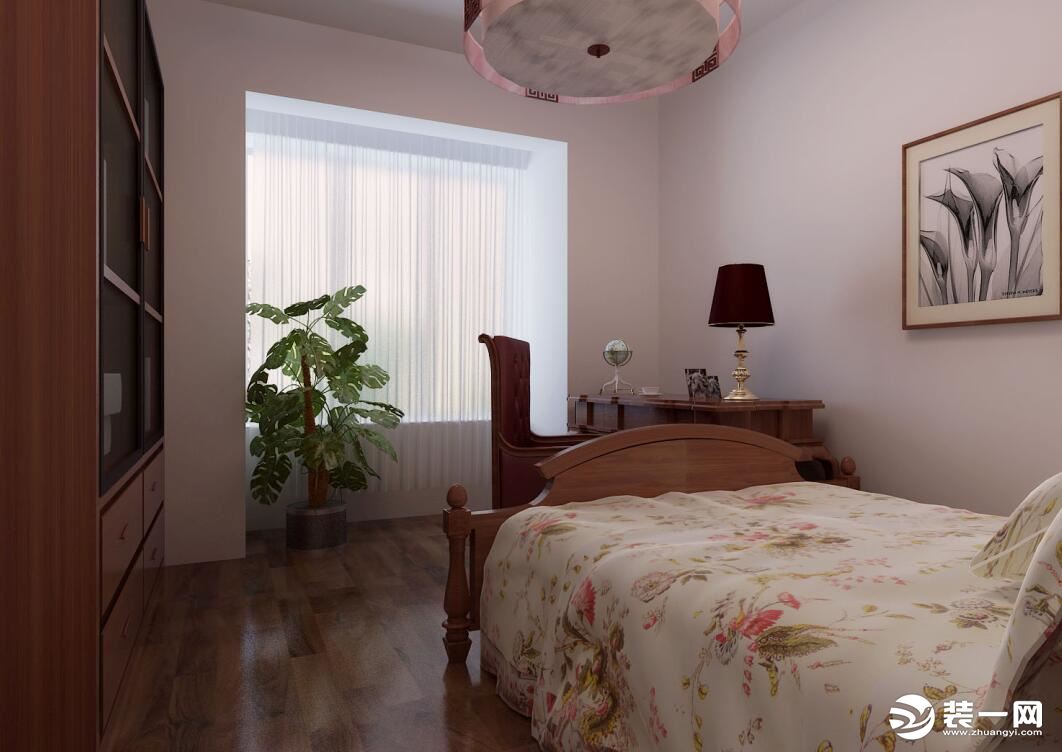 紫苹果装饰集团龙湖香醒98㎡中式风格设计效果图-卧室设计效果图