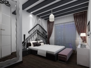 现代简约装修风格效果图—创意公寓卧室反向角度