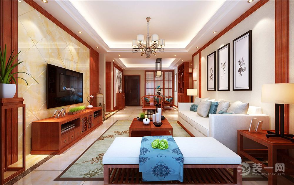 悦龙湾140平四居室中式风格客厅装修效果图