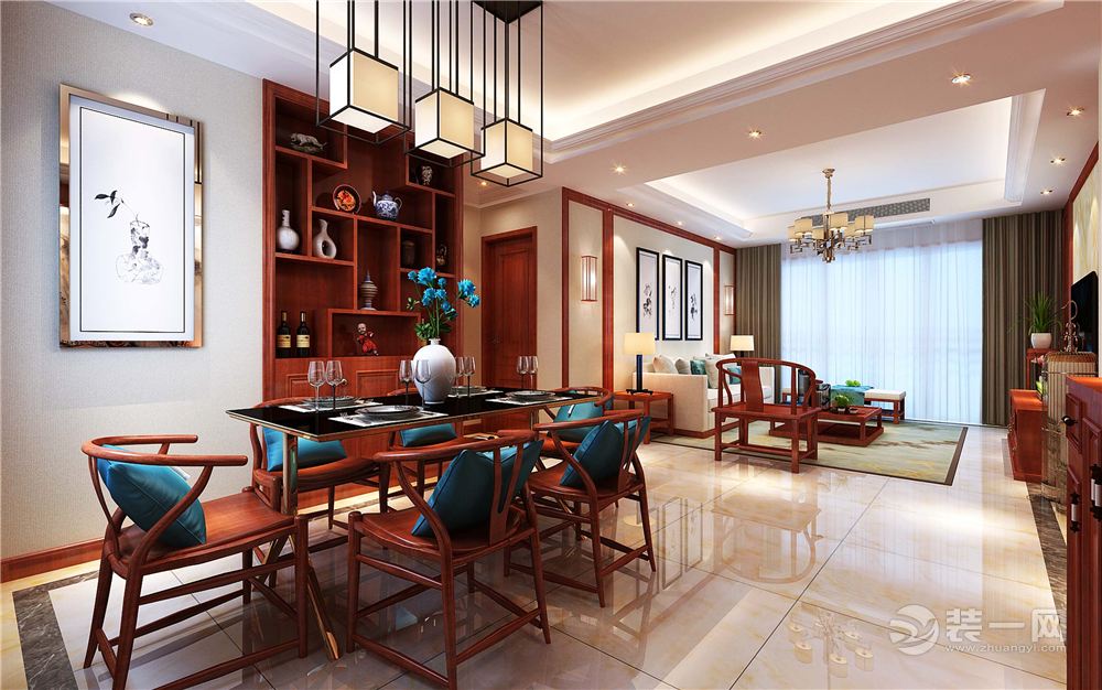 悦龙湾140平四居室中式风格客厅装修效果图