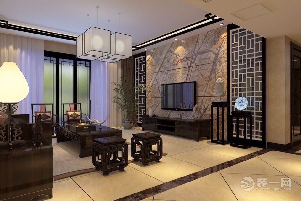 水天苑220平米中式风格装修设计效果图之客厅