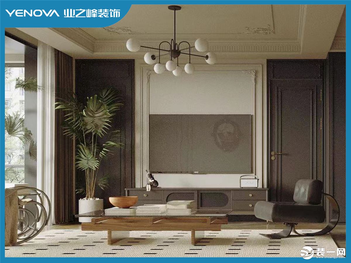 与餐桌相连，使得空间更具有一致性；客厅沙发用丝绒材质提升空间质感