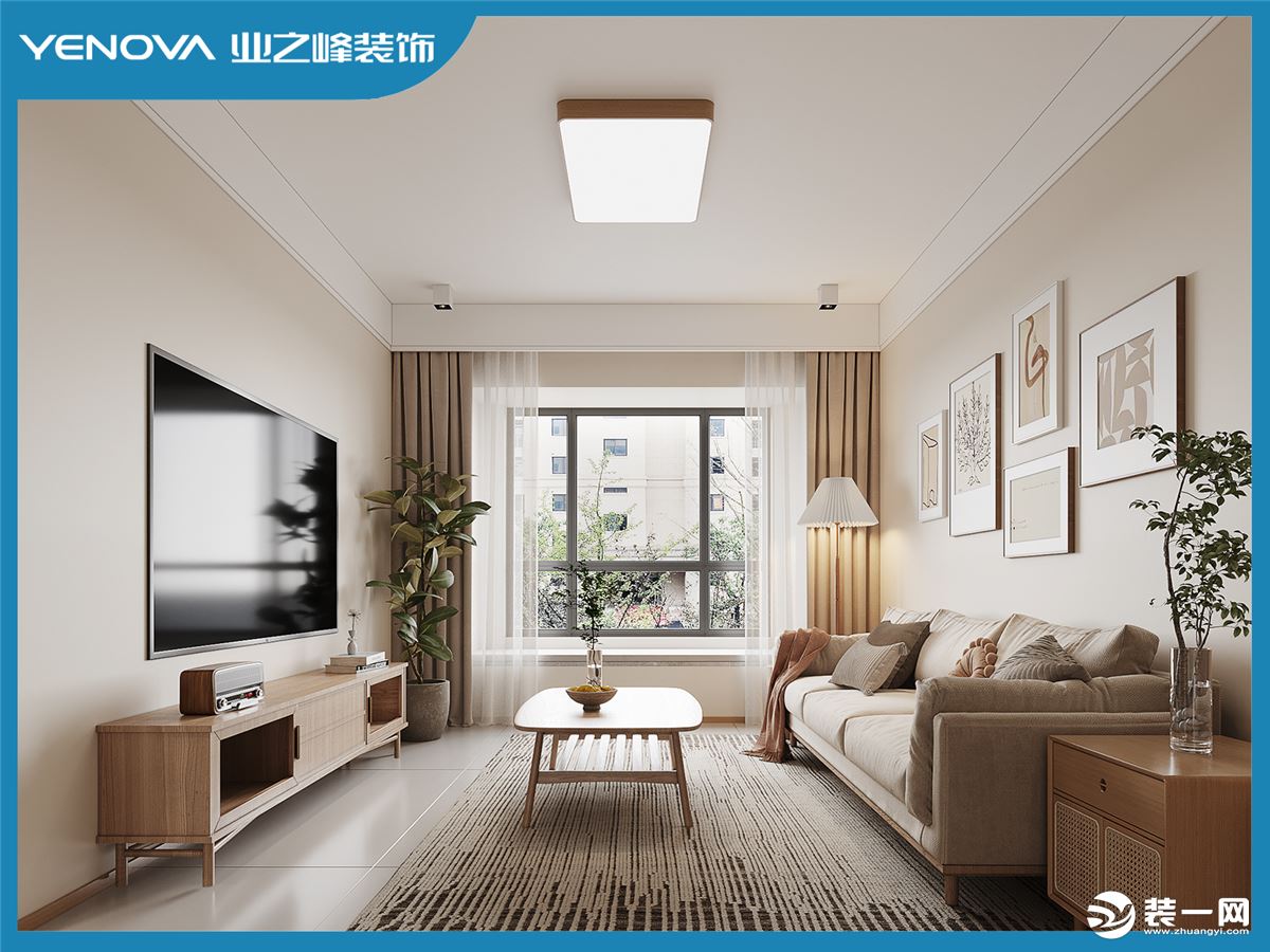 台面空间和采光通风，客厅在右手边，米白色布艺沙发和原木色茶几电视柜相互衬托，主卧同样采用原木色床和床