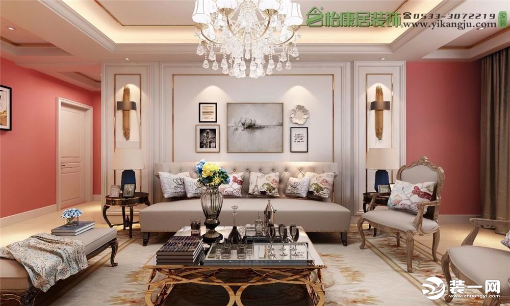 客厅采用粉色与白色为整个空间的主色系，搭配金色线条加以装饰，豪华大气即展现在眼前，使