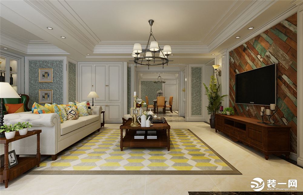 现代美式空间，以美式空间的白色为主调，用少量的蓝色与黄色做点缀，兼顾了实用性与舒适性。