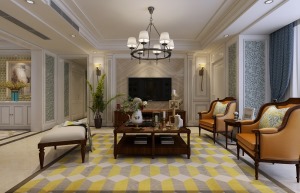 现代美式空间，以美式空间的白色为主调，用少量的蓝色与黄色做点缀，兼顾了实用性与舒适性。