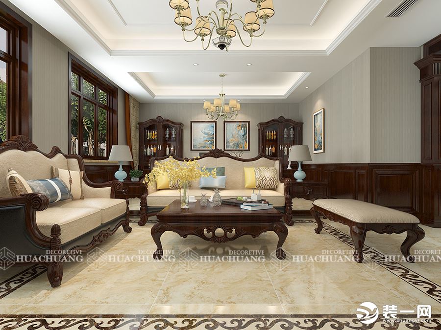 济南绿城麗园240平美式风格设计-客厅效果图|基础造价21万