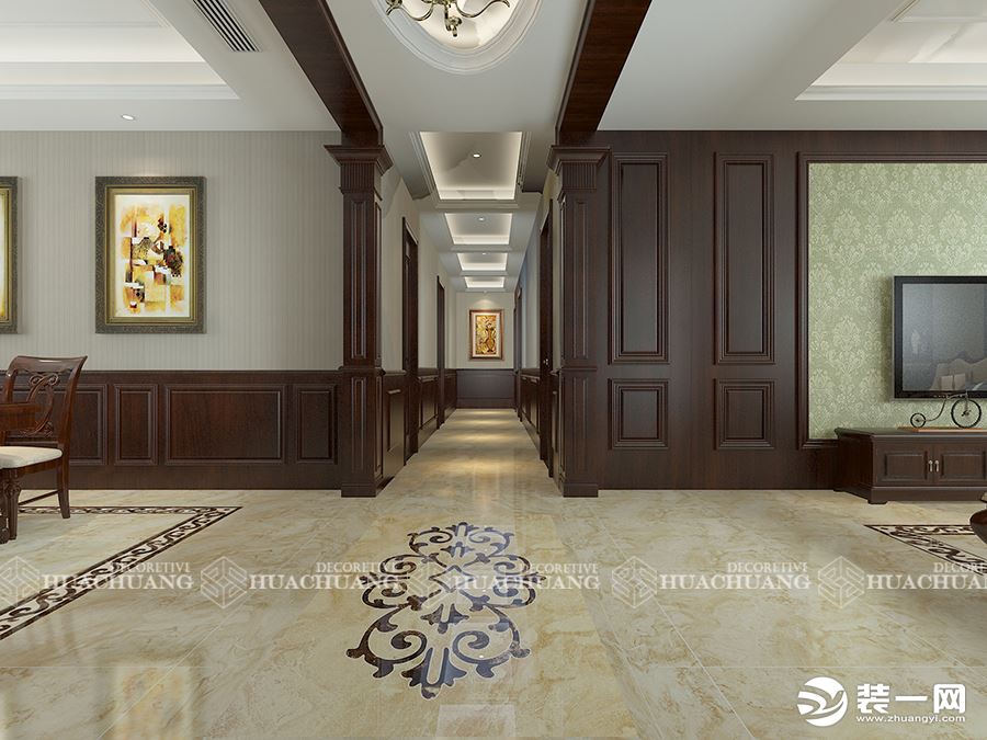 济南绿城麗园240平美式风格设计-走廊效果图|基础造价21万