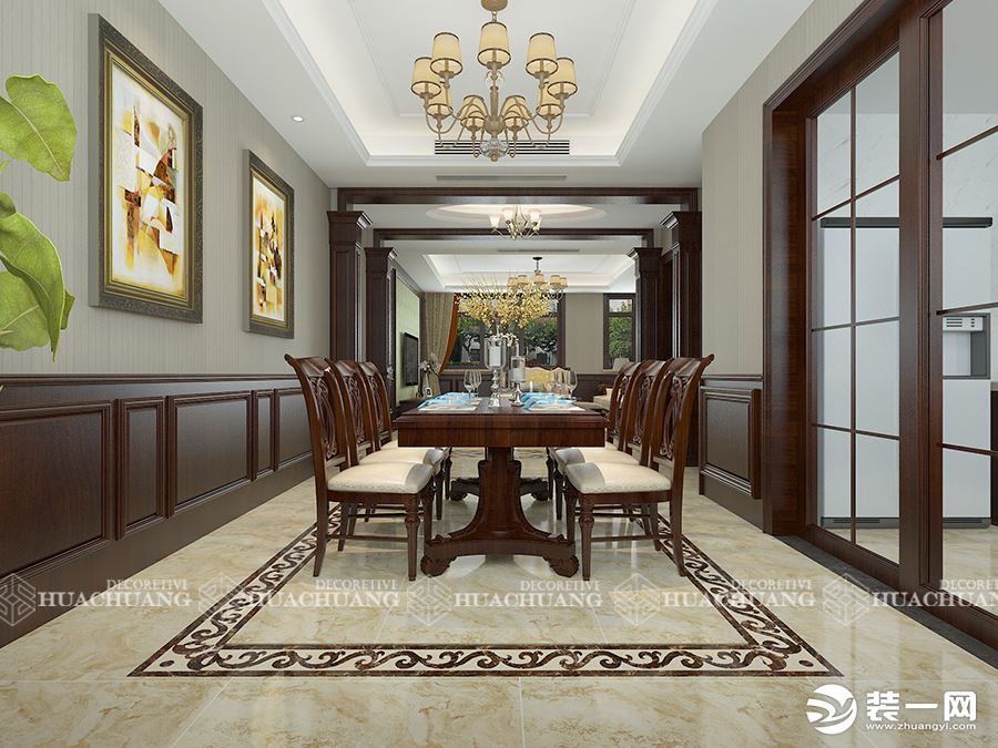 济南绿城麗园240平美式风格设计-餐厅效果图|基础造价21万