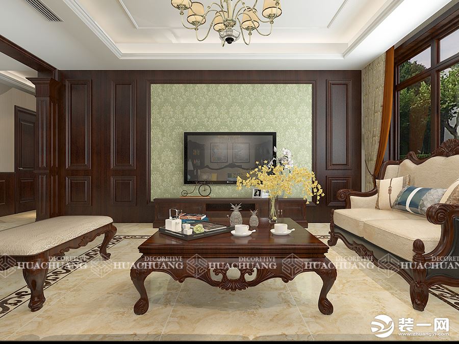 济南绿城麗园240平美式风格设计-客厅效果图|基础造价21万