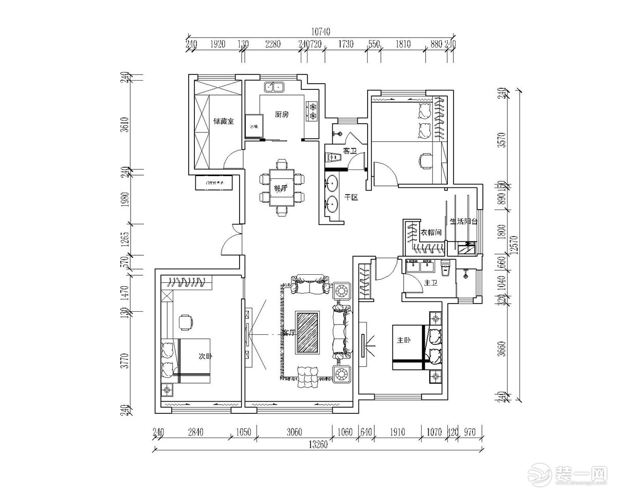 海尔绿城麗园165平东户四居室平面布局图-改造后户型