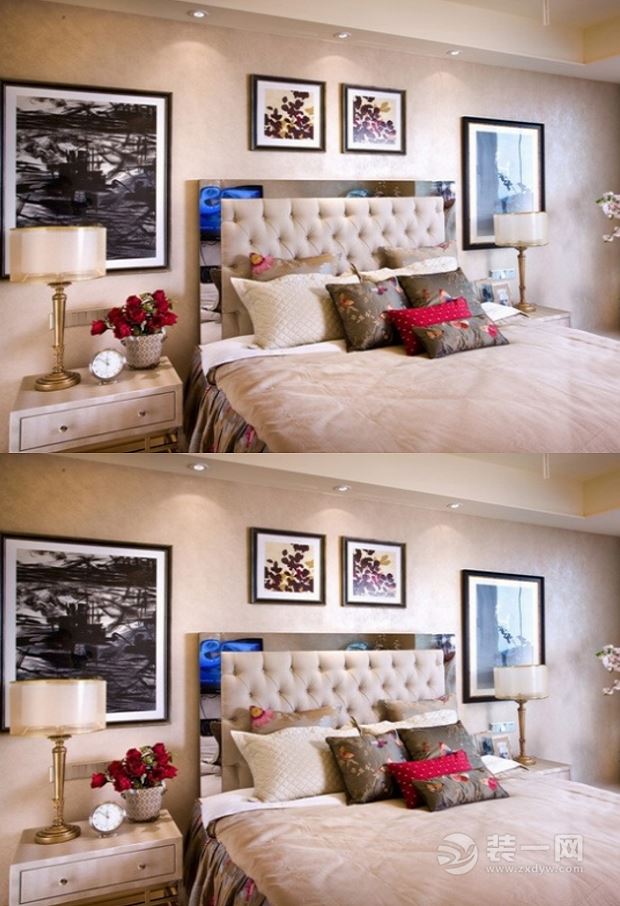 【次卧装修效果图】几幅绘画相框，瞬间提升房间的档次。靠枕颜色与床头柜上的玫瑰相呼应，典雅大方。