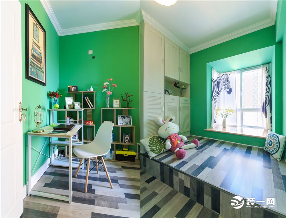【次卧装修效果图】绿色的墙面让整个房间都充满了生机。榻榻米的设置与飘窗相结合，给人一种安心感。不对称