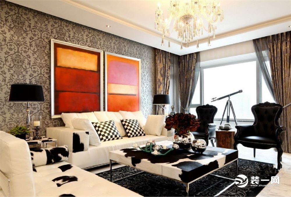 【客厅】多元的材质与黑、白两色相搭配，加入亮丽的橙红色，使整个空间鲜明中又充满活泼，理性中又存在感知