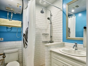 【卫生间装修效果图】白色为主，蓝色搭配，干湿分离划分，以大面积的白色墙漆打造个性的卫生间。