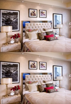 【次卧装修效果图】几幅绘画相框，瞬间提升房间的档次。靠枕颜色与床头柜上的玫瑰相呼应，典雅大方。