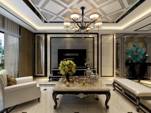 【客厅装修效果图】主色调为白色，在金色调的衬托下，房间明亮豪华。
