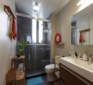 【卫生间装修效果图】巧克力色与白色本来就是天生的一对，搭配在一起非常自然，玻璃门把洗澡区域隔开。