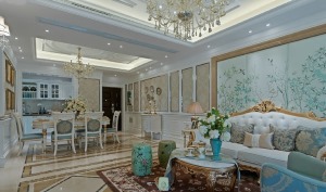 【客厅装修效果图】欧式风格的沙发搭配上印花抱枕尽显华丽。红棕色的地毯上印着朵朵牡丹花，十分精致。小巧