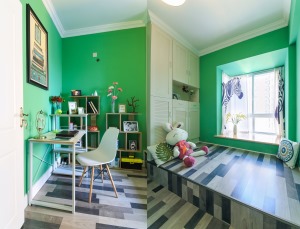 【次卧装修效果图】绿色的墙面让整个房间都充满了生机。榻榻米的设置与飘窗相结合，给人一种安心感。不对称